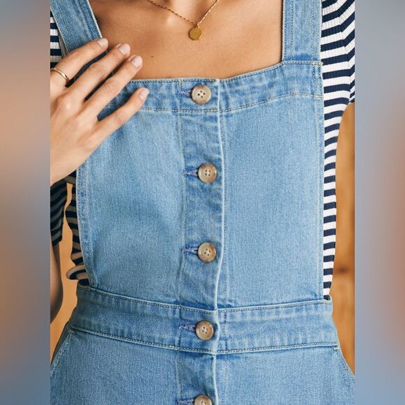 Faherty Organic Cotton Denim Remi Dress Blue Hanalei Wash Midi Pockets Jumper - Picture 13 of 15